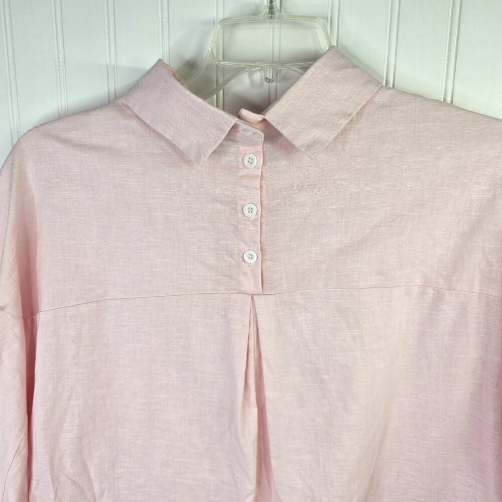 Linen Blend Tunic Shirt Womens Large Pink Button Front Roll Tab Relaxed Fit Boho - Picture 7 of 12